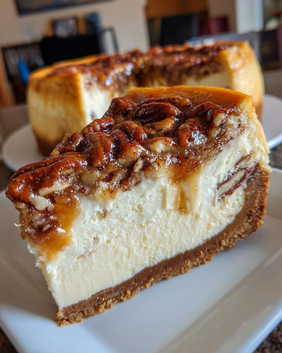 A close-up slice of creamy pecan pie cheesecake showing the graham cracker crust and pecan topping.