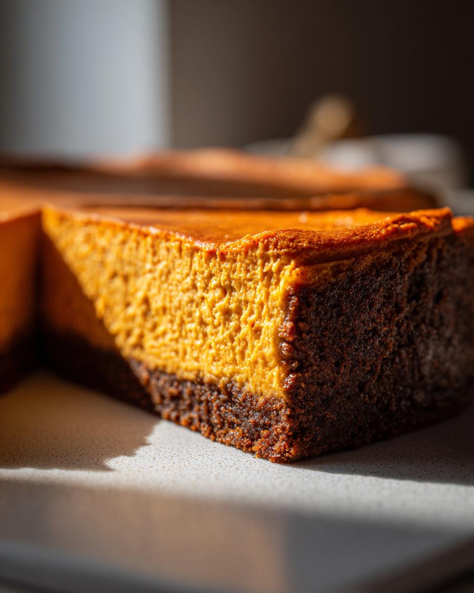Close-up of a thick slice of vibrant orange pumpkin cheesecake showing a dark, dense crust.