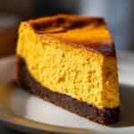 A close-up of a thick slice of bright orange pumpkin cheesecake on a light plate.