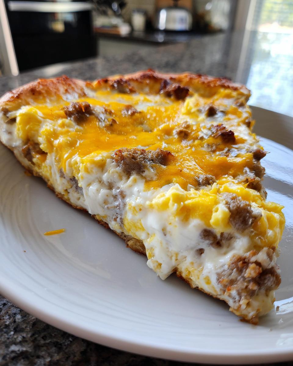 Close-up of a thick slice of sausage gravy breakfast pizza showing layers of eggs, sausage, and melted cheddar cheese.