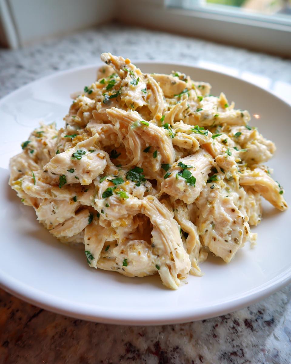 A close-up of shredded slow cooker garlic parmesan chicken coated in a creamy sauce and topped with fresh parsley.