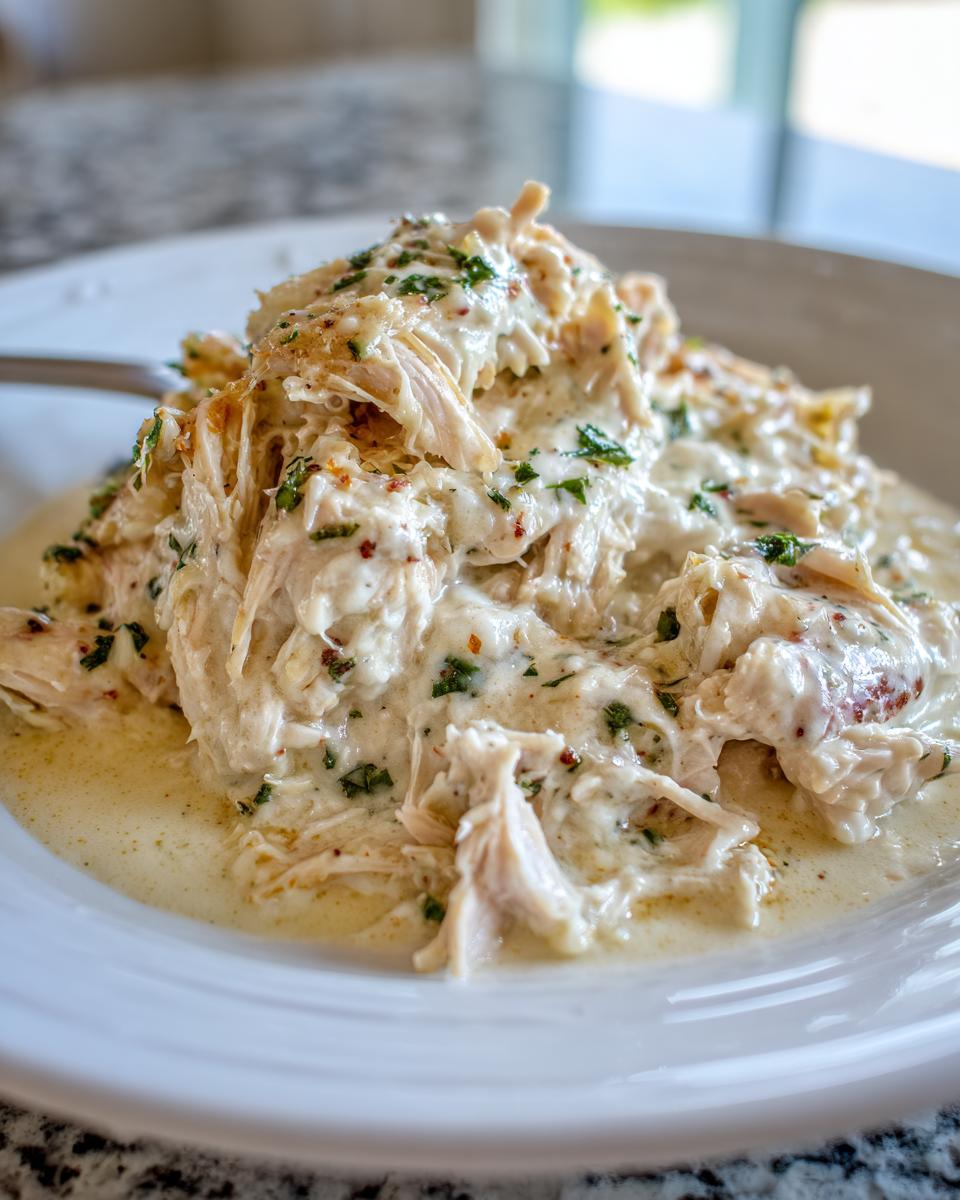 Close-up of shredded slow cooker garlic parmesan chicken coated in a creamy white sauce and sprinkled with green herbs.