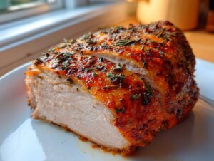 A cross-section slice of juicy slow cooker turkey breast with a browned, herbed exterior.