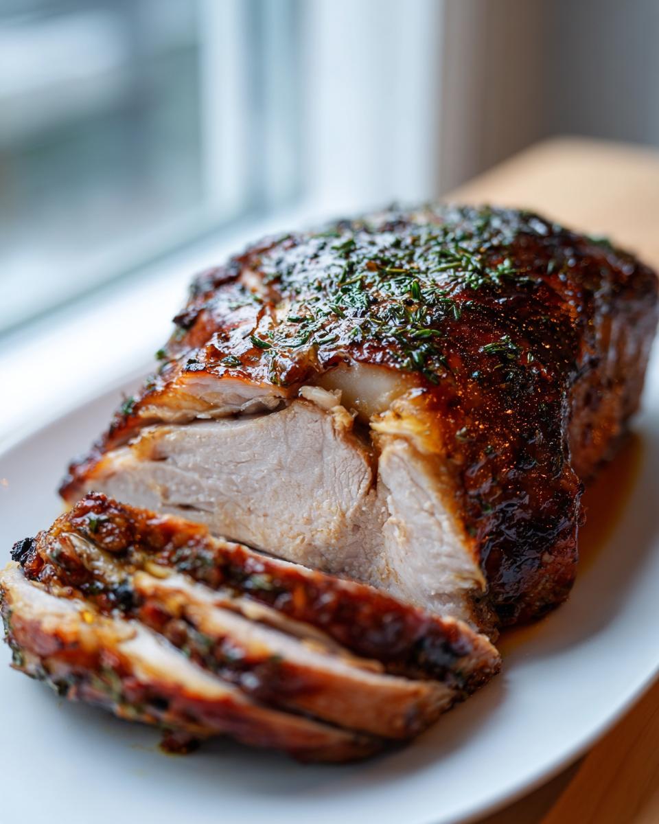 Close-up of a sliced, juicy slow cooker turkey breast with a dark, herbed glaze.