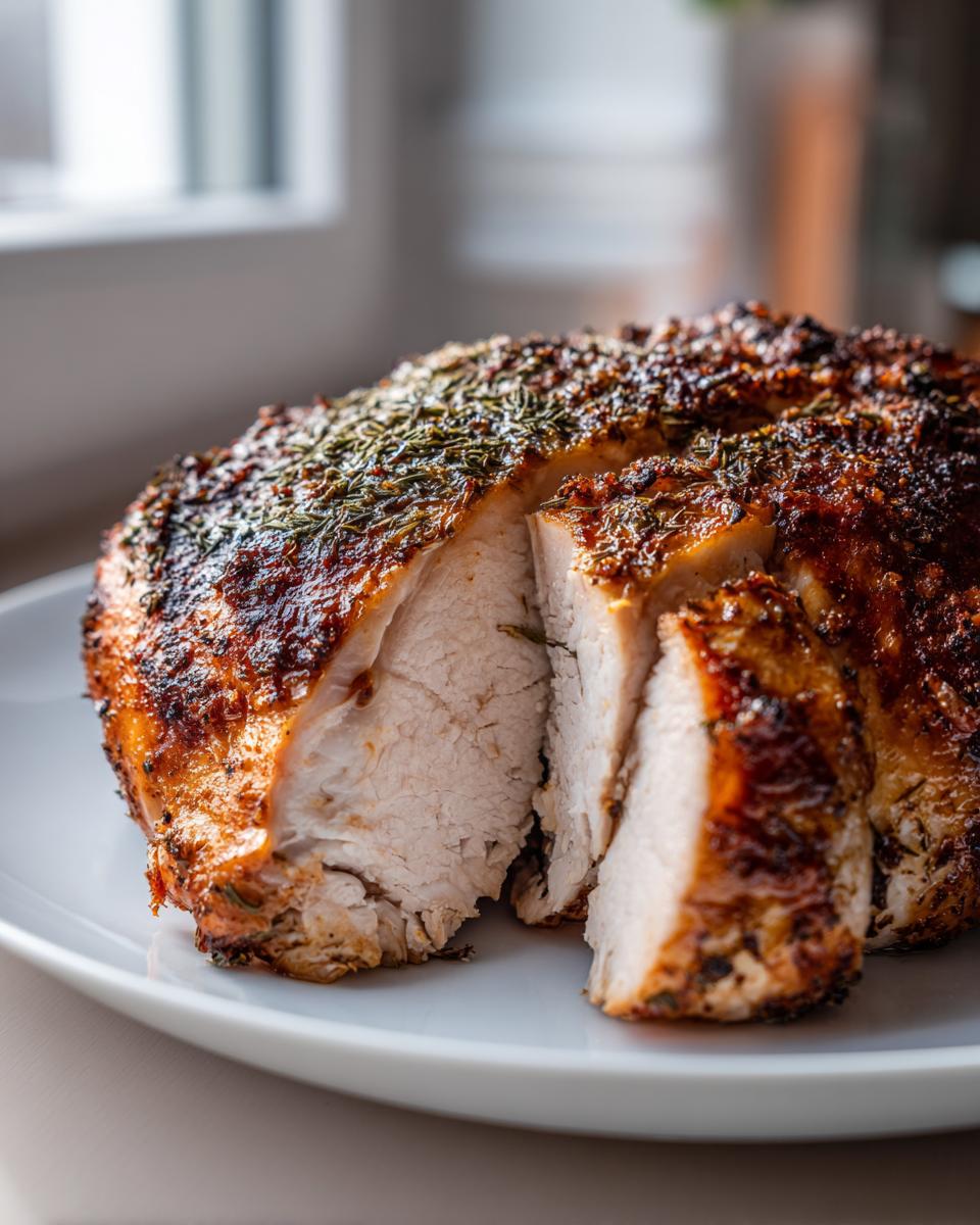 Close-up of a perfectly cooked slow cooker turkey breast, sliced to show juicy white meat and a crispy, herb-crusted exterior.