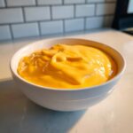 A close-up of thick, vibrant orange nacho cheese sauce filling a small white bowl on a kitchen counter.
