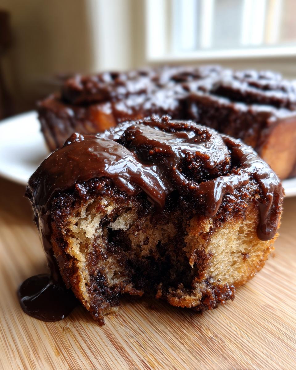 A close-up of a soft chocolate cinnamon roll with a bite taken out, covered in rich chocolate glaze.