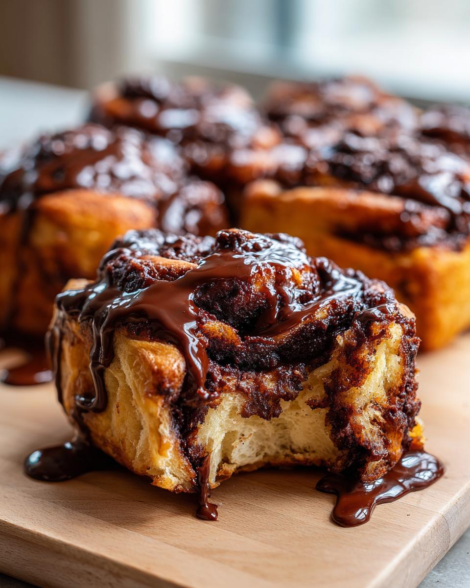 Close-up of a soft chocolate cinnamon rolls piece with a bite taken out, dripping with rich chocolate glaze.