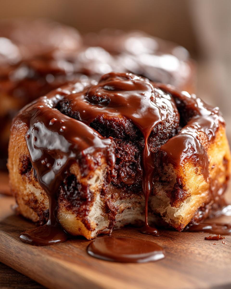 A close-up of a soft chocolate cinnamon roll with a bite taken out, generously covered in dripping chocolate glaze.