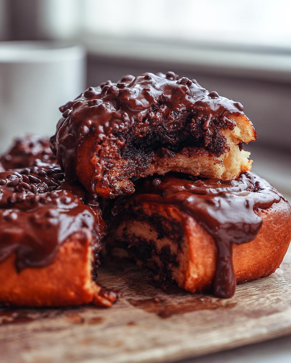 Close-up of soft chocolate cinnamon rolls stacked, dripping with thick chocolate glaze and sprinkles.
