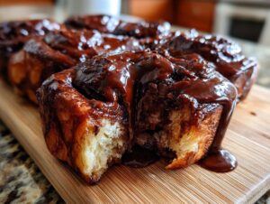 Close-up of soft chocolate cinnamon rolls covered in thick, glossy chocolate glaze on a wooden board.