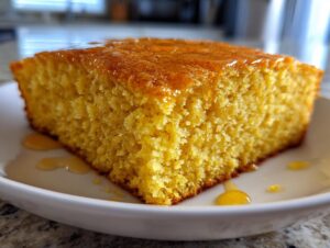 A close-up of a square slice of golden sourdough cornbread, generously drizzled with honey on a white plate.