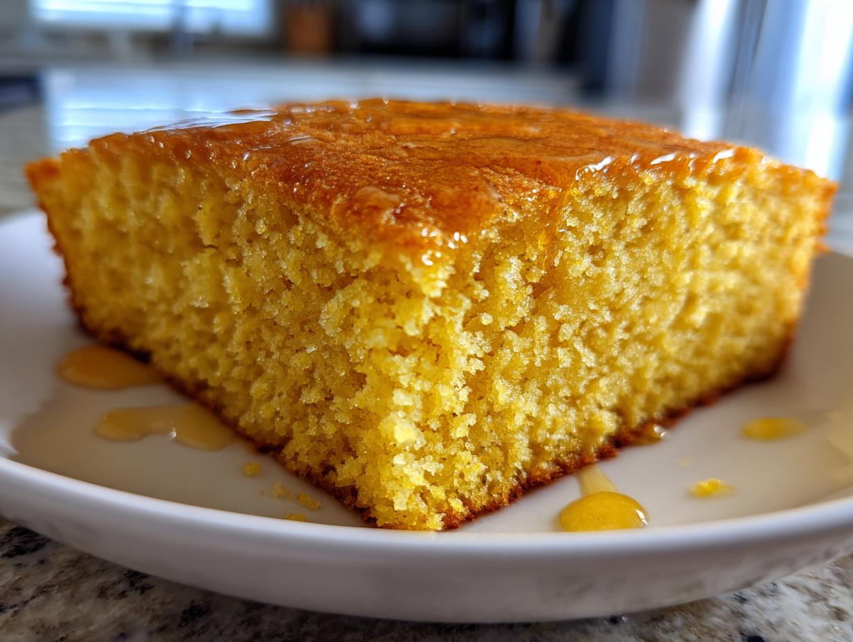A close-up of a square slice of golden sourdough cornbread, generously drizzled with honey on a white plate.