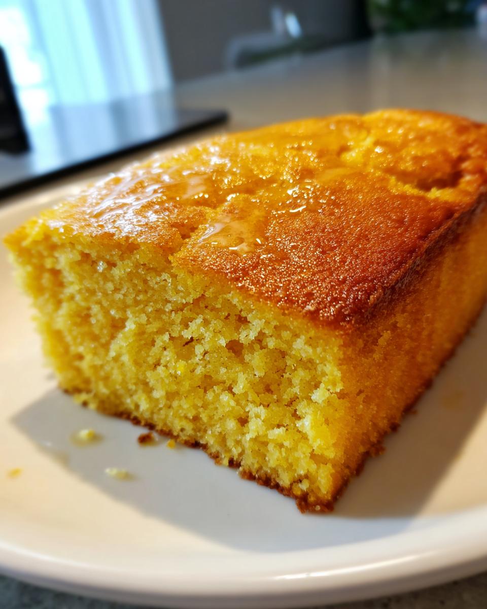 A close-up of a golden slice of sourdough cornbread drizzled with a shiny glaze on a white plate.