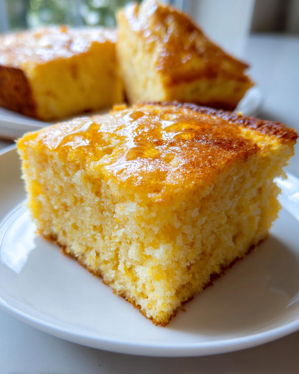 Close-up of a square slice of golden sourdough cornbread drizzled with honey on a white plate.