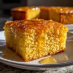 Close-up of a square slice of moist sourdough cornbread drizzled generously with honey or syrup.