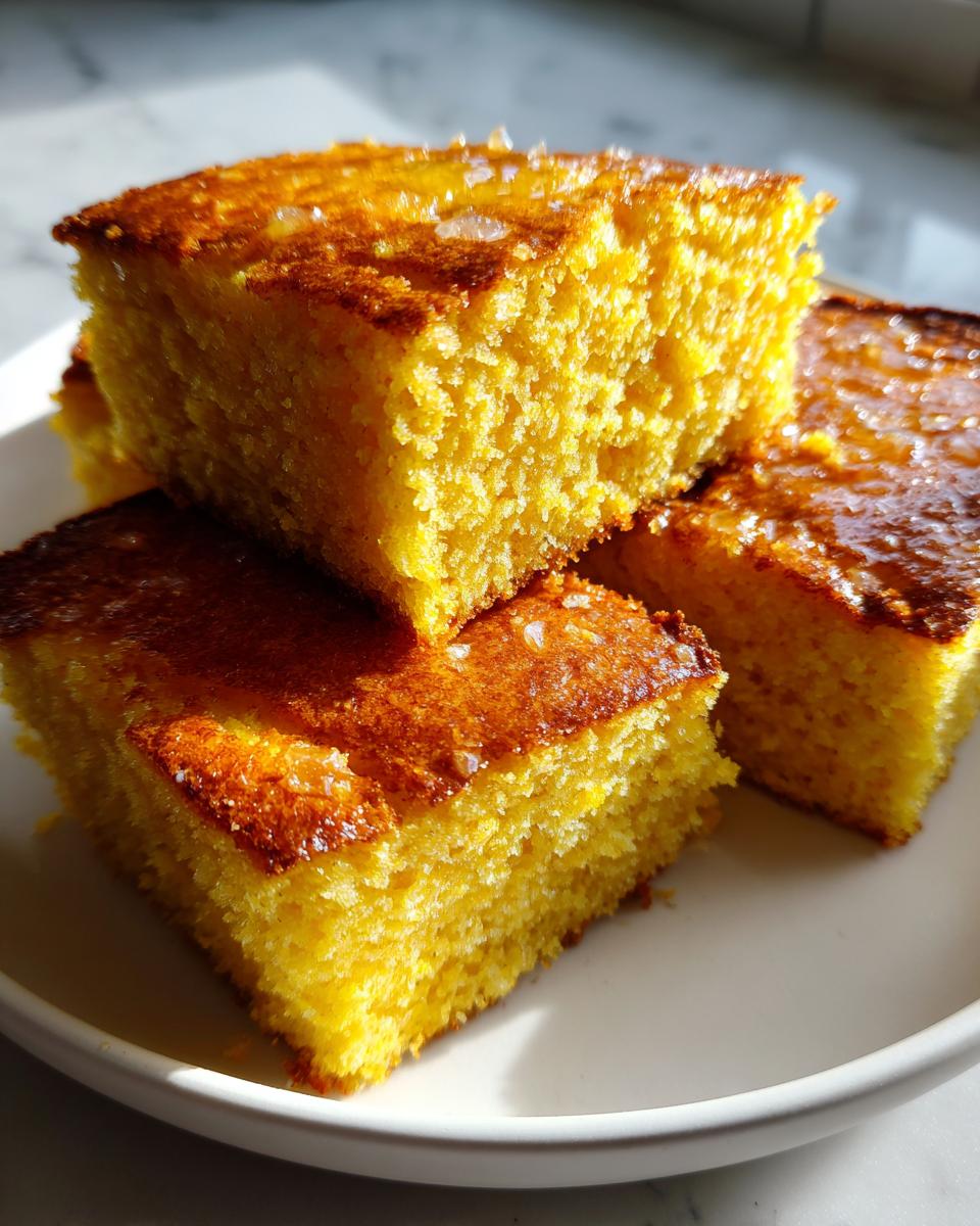 Three golden, moist squares of sourdough cornbread stacked on a white plate, topped with coarse salt.