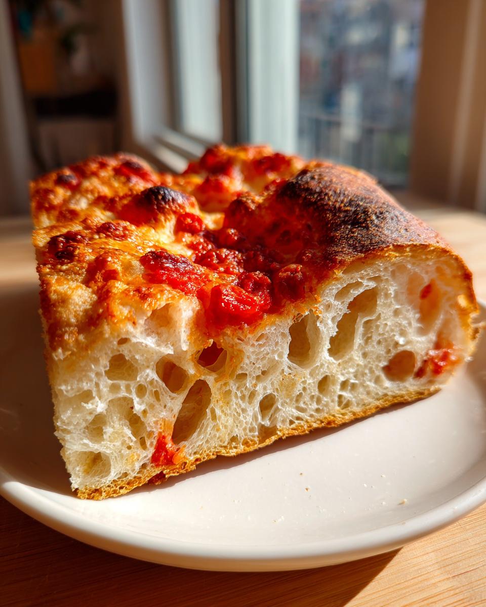Close-up of a thick slice of pizza made from sourdough discard pizza dough, showing a beautiful open, airy crumb structure.