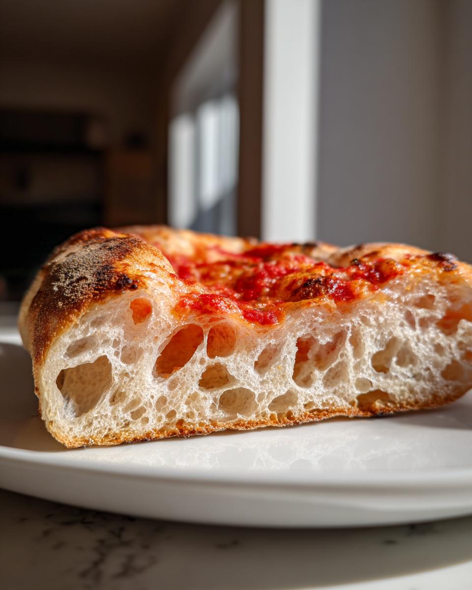 Close-up of a slice of pizza showing the airy, open crumb structure made from sourdough discard pizza dough.