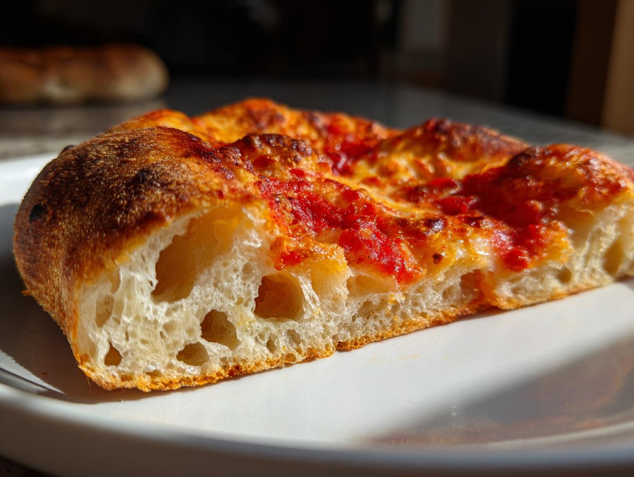 Cross-section of a pizza slice showing the airy, open crumb structure of sourdough discard pizza dough.