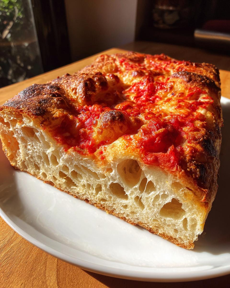 Cross-section of a thick slice of pizza made with sourdough discard pizza dough, showing an airy crumb and charred crust.