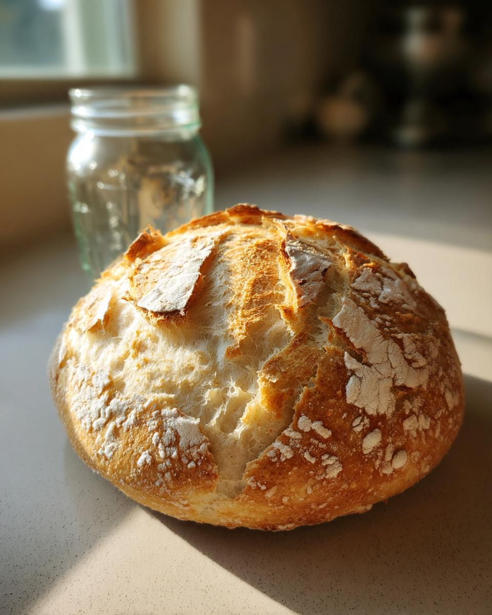 A golden, crusty loaf of homemade sourdough bread sits on a counter with a glass jar in the background.