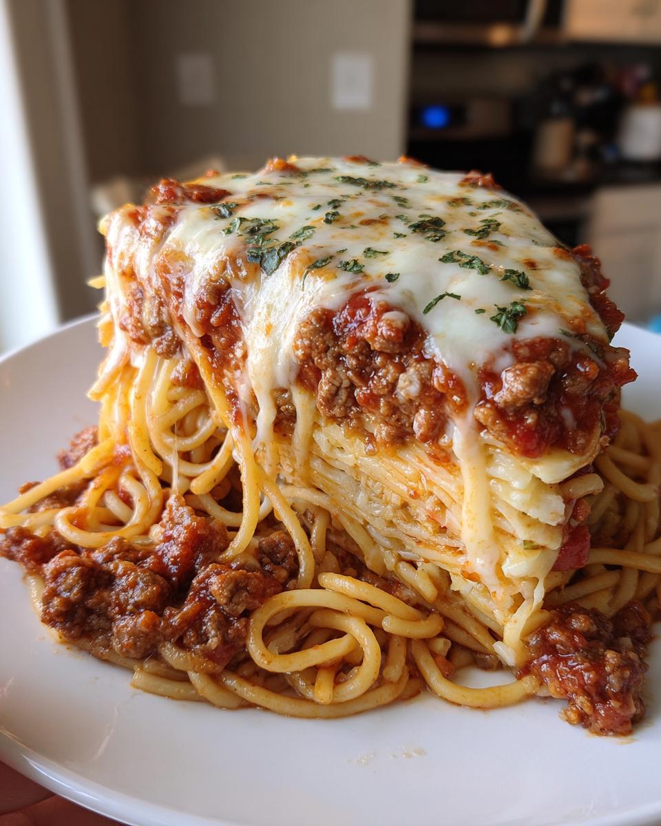 A tall, thick slice of spaghetti pie covered in melted mozzarella cheese and rich meat sauce, served on a white plate.