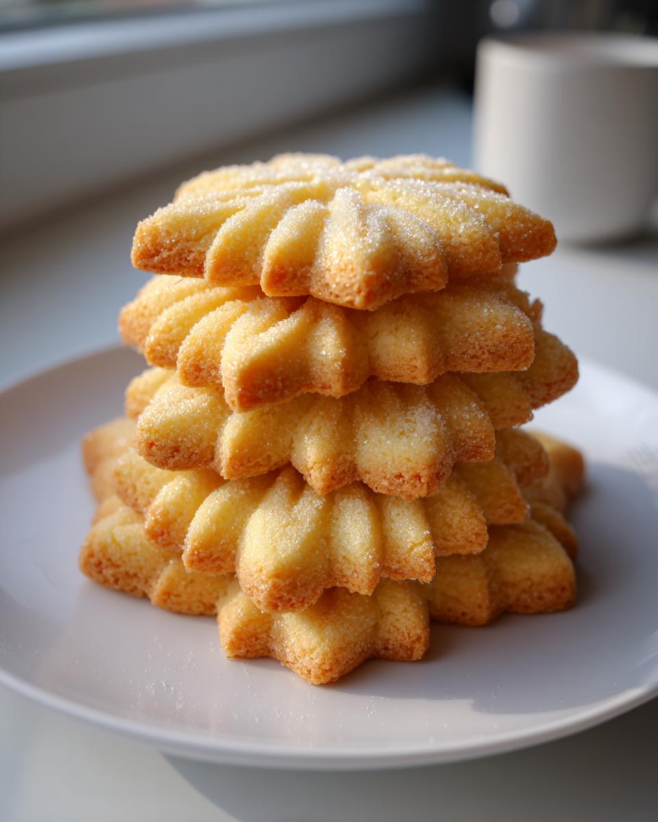 A tall stack of golden, star-shaped butter cookies sprinkled with sugar, resting on a white plate.