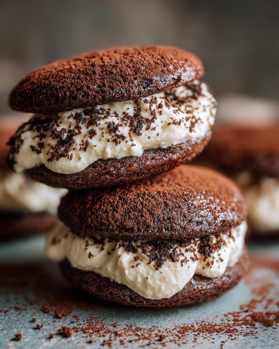 Close-up of two stacked chocolate tiramisu cookies filled with creamy mascarpone and dusted heavily with cocoa powder.
