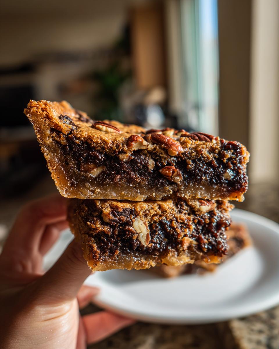 Two stacked squares of rich, dark texas trash pie filling topped with pecans, held up for a close look.