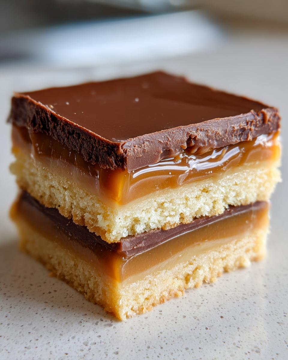 Close-up of two stacked twix cookies bars showing shortbread, caramel, and chocolate layers.