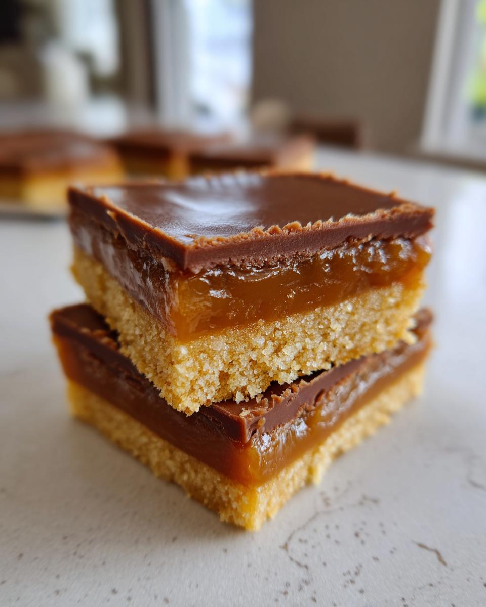 Two stacked squares of homemade twix cookies showing a shortbread base, thick caramel layer, and chocolate topping.