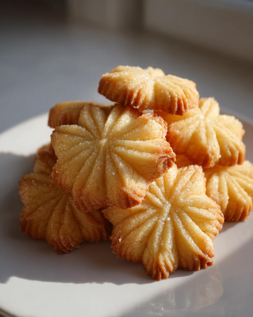 A close-up of a stack of golden, star-shaped butter cookies sprinkled with sugar, sitting on a white plate.