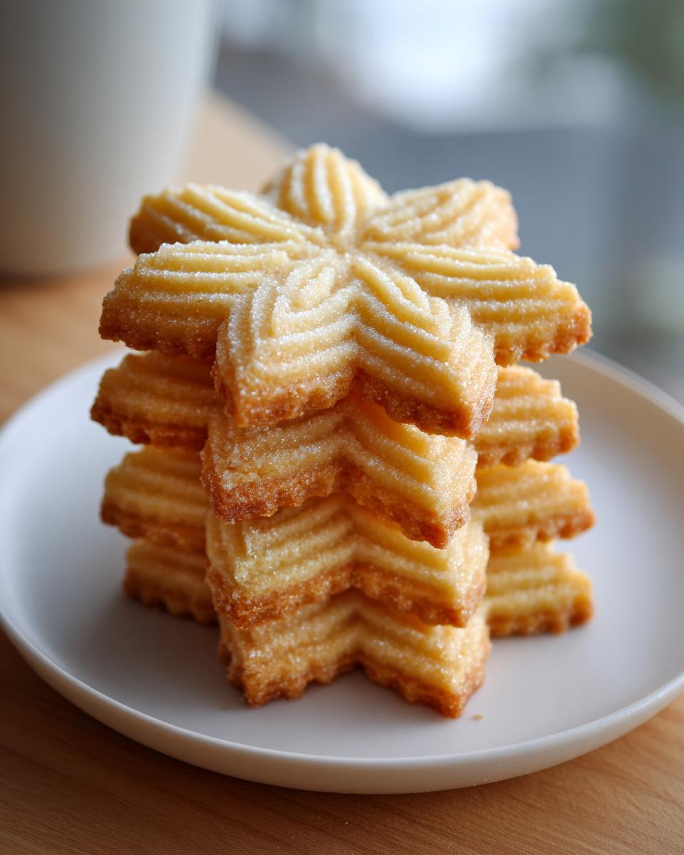 A tall stack of golden, star-shaped butter cookies sprinkled with sugar on a white plate.