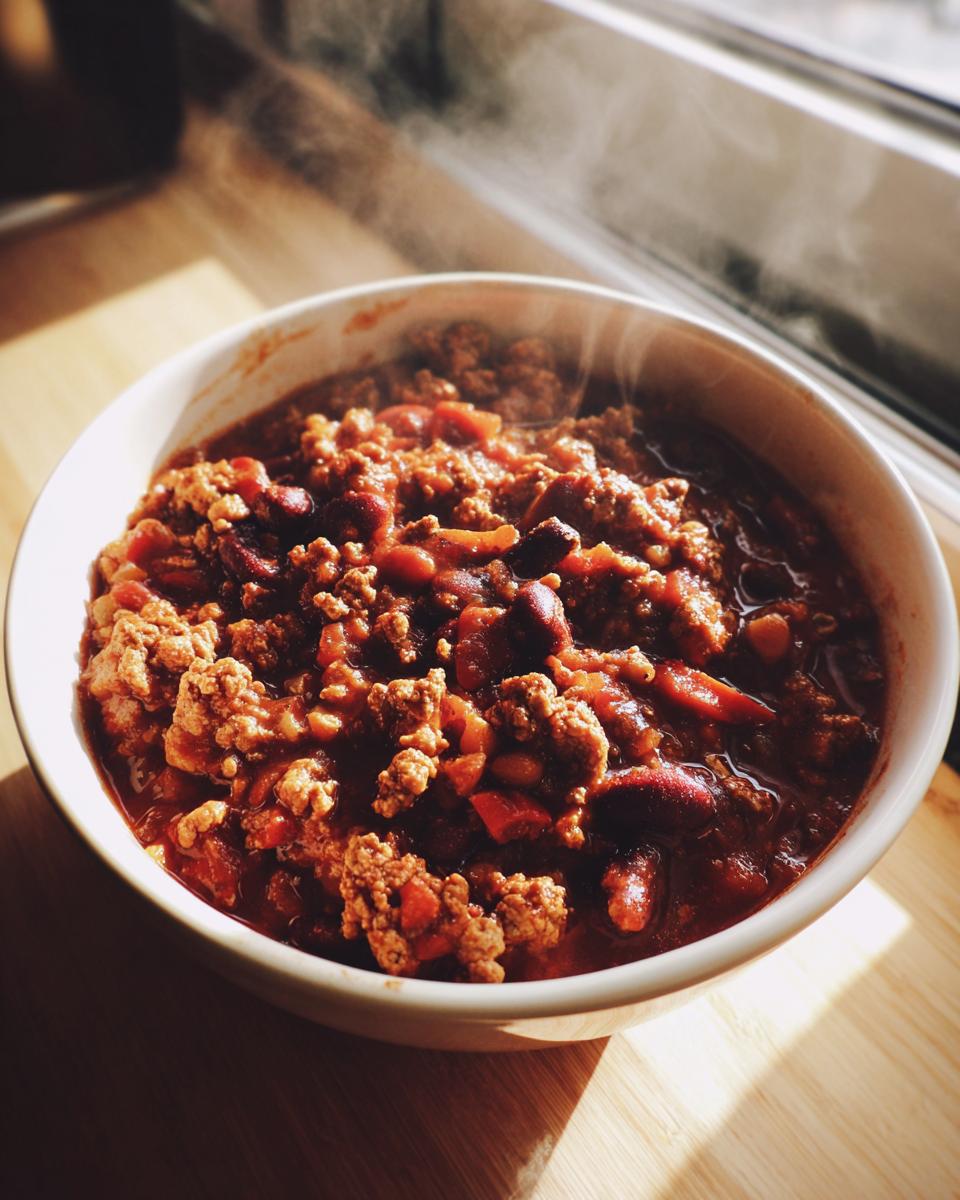 A steaming white bowl filled with rich, hearty high protein chili featuring ground meat and kidney beans, set near a window.