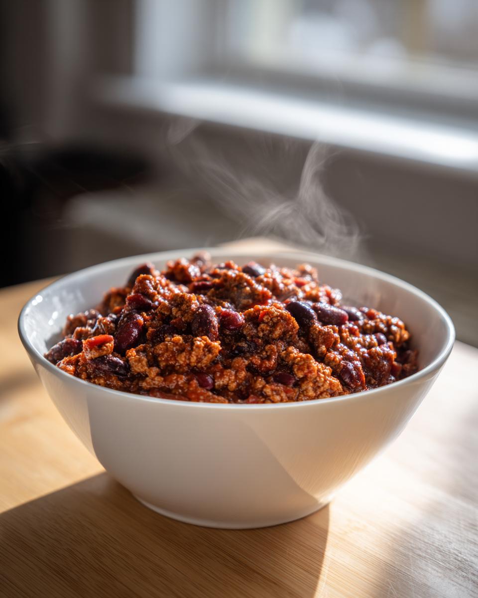 A close-up of a steaming white bowl filled with rich, hearty high protein chili featuring ground meat and kidney beans.