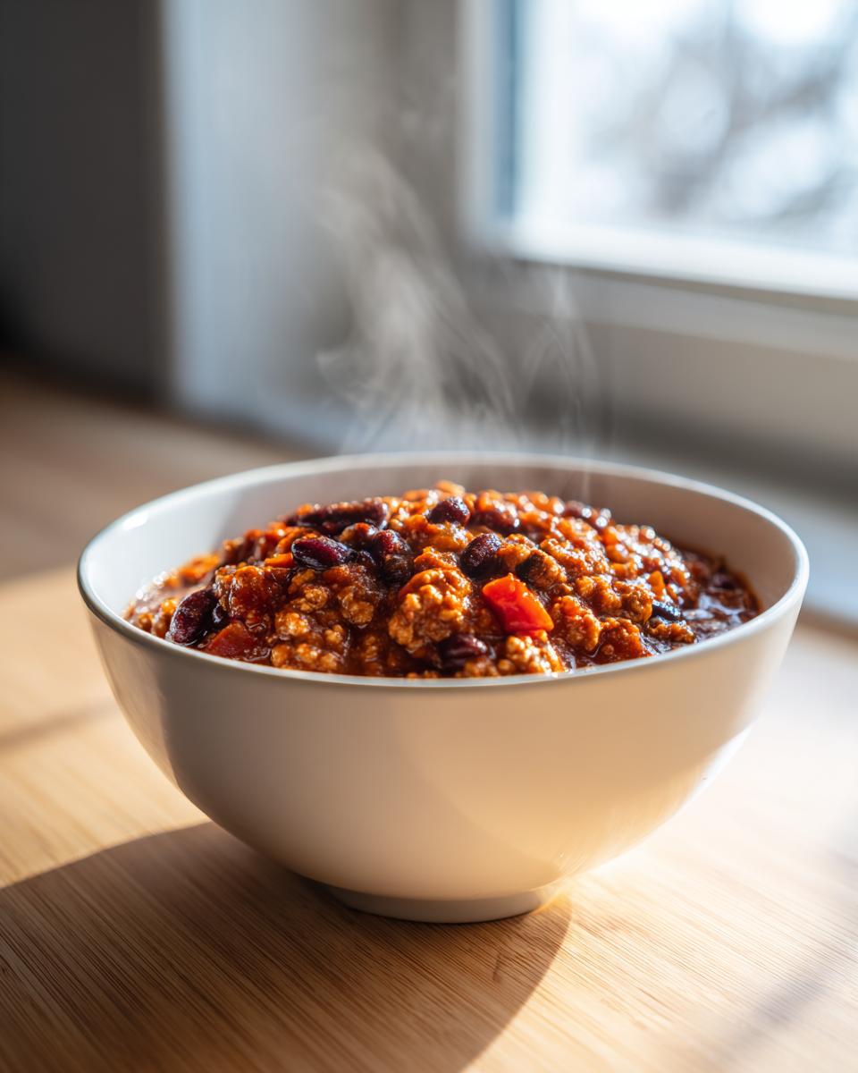 A white bowl filled with steaming, rich high protein chili, resting on a wooden surface near a window.