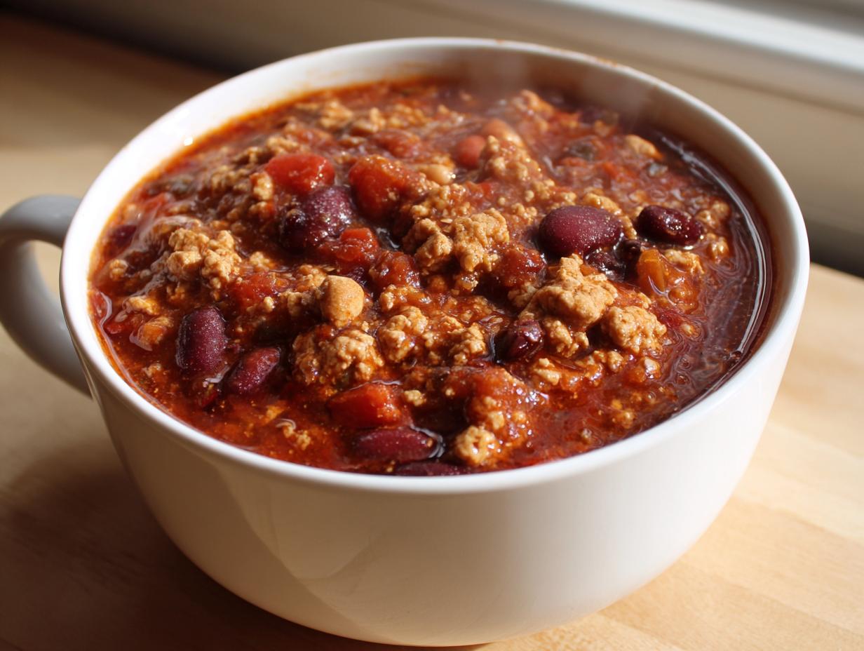 Close-up of a steaming white bowl filled with rich, hearty high protein chili featuring ground meat and kidney beans.