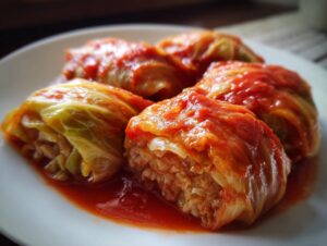 Four juicy Stuffed Cabbage Rolls smothered in a rich tomato sauce, served on a white plate.
