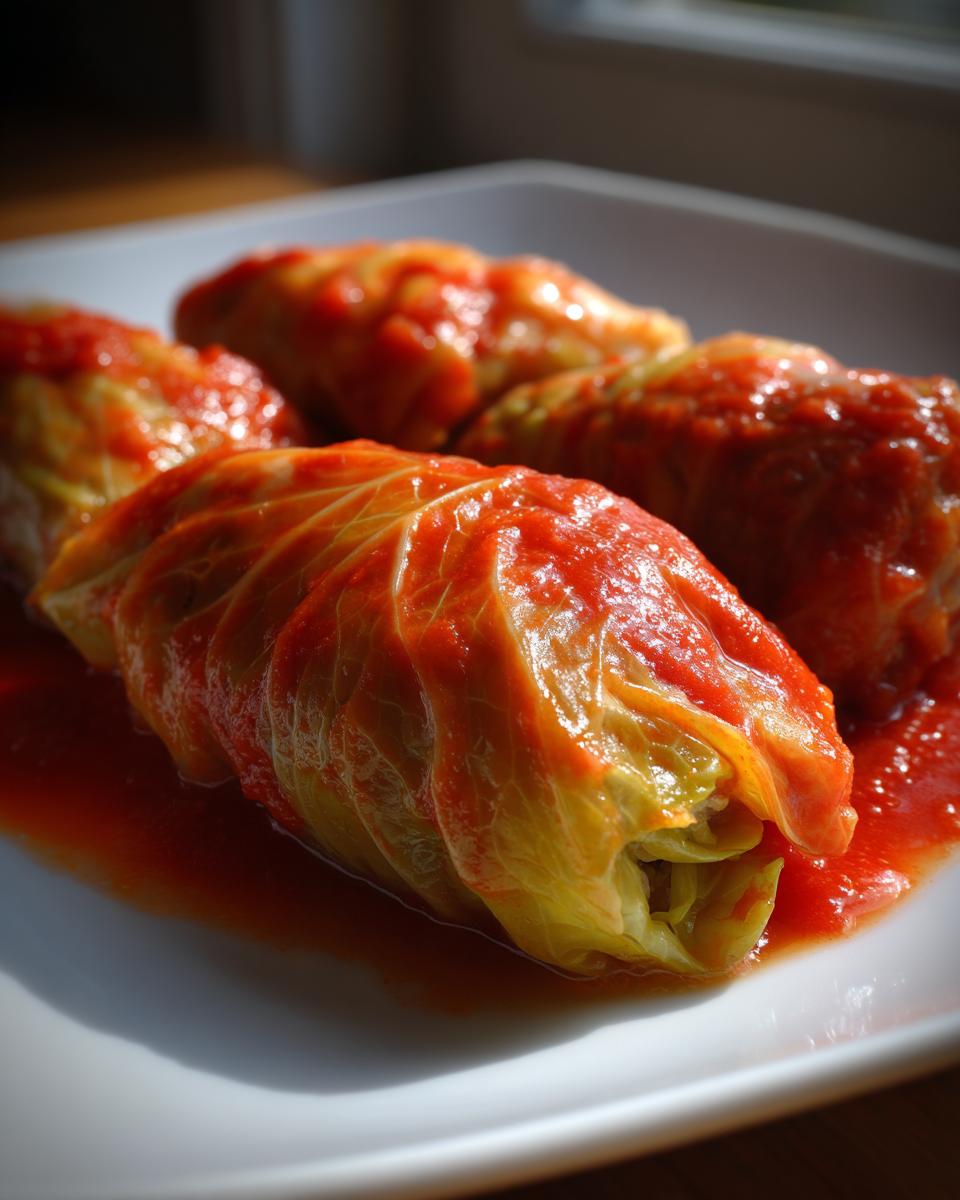 Close-up of four tender Stuffed Cabbage Rolls smothered in bright red tomato sauce, served on a white plate.
