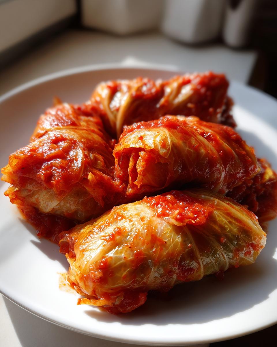 Four savory Stuffed Cabbage Rolls generously covered in a bright red tomato sauce, served on a white plate.