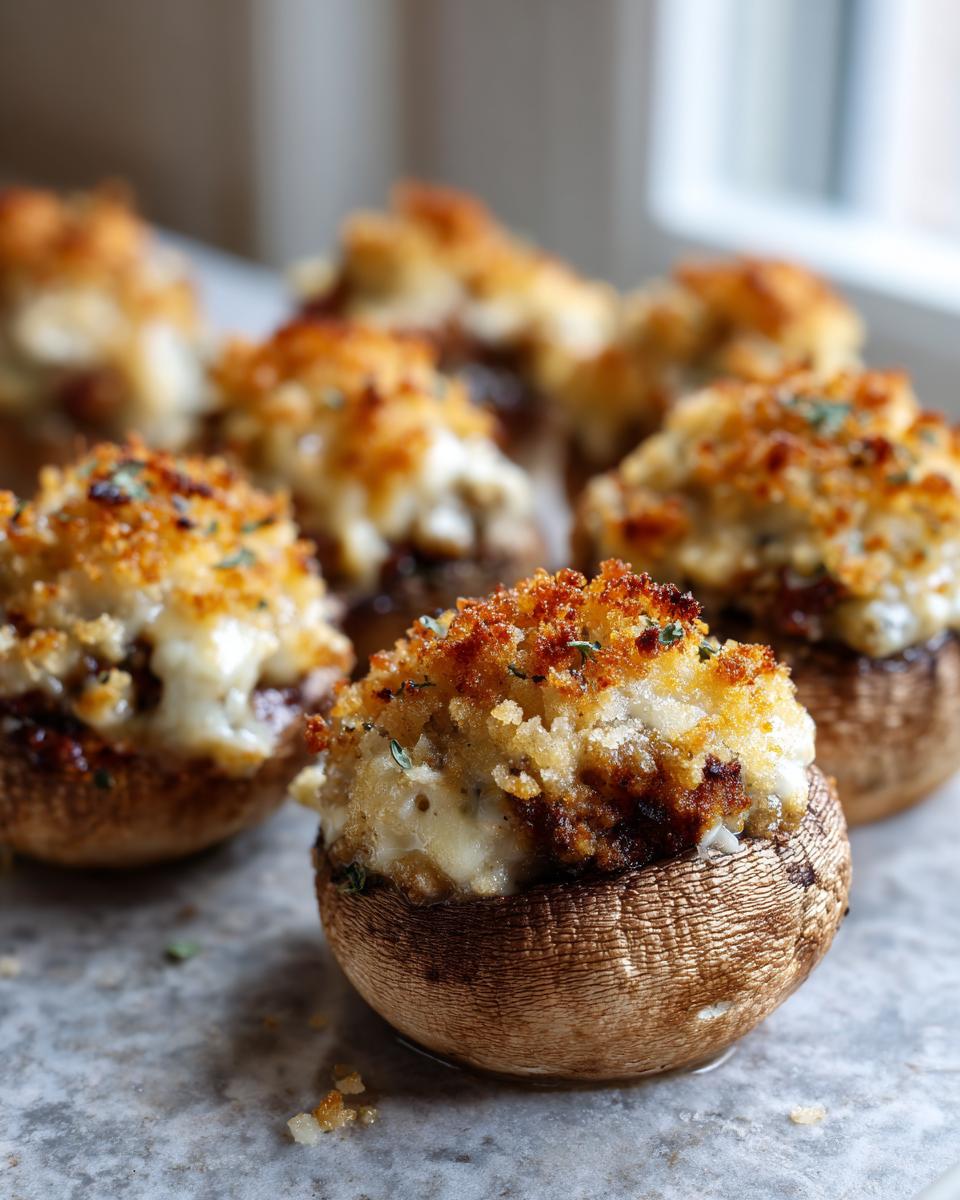 Close-up of perfectly baked stuffed mushrooms recipe with a golden, crispy breadcrumb topping and melted cheese.