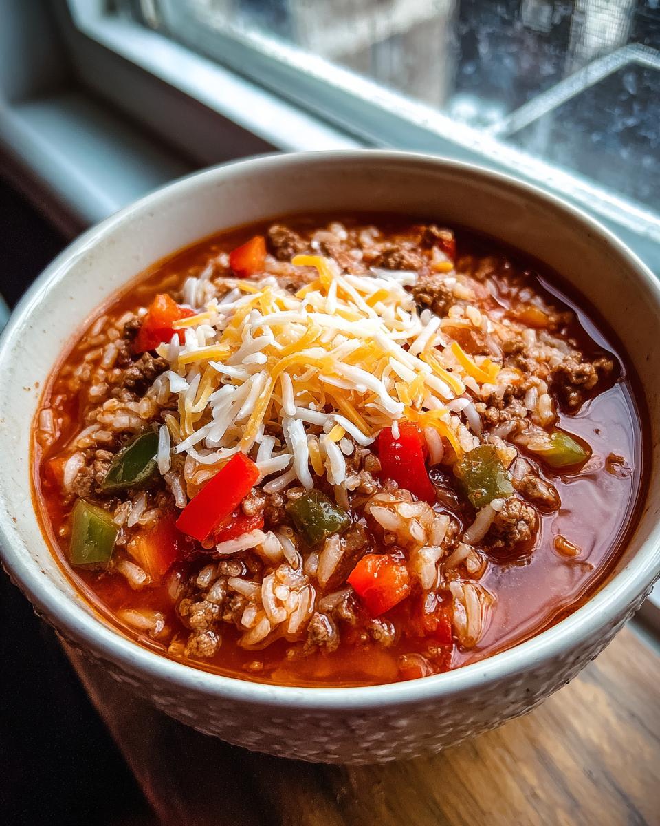 Close-up of a bowl of rich stuffed pepper soup, featuring ground meat, rice, peppers, and shredded cheese.