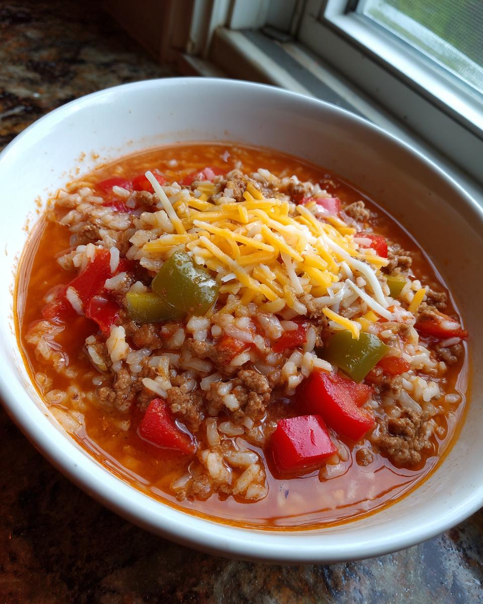A close-up of a white bowl filled with rich, tomato-based stuffed pepper soup featuring ground meat, rice, peppers, and shredded cheese.