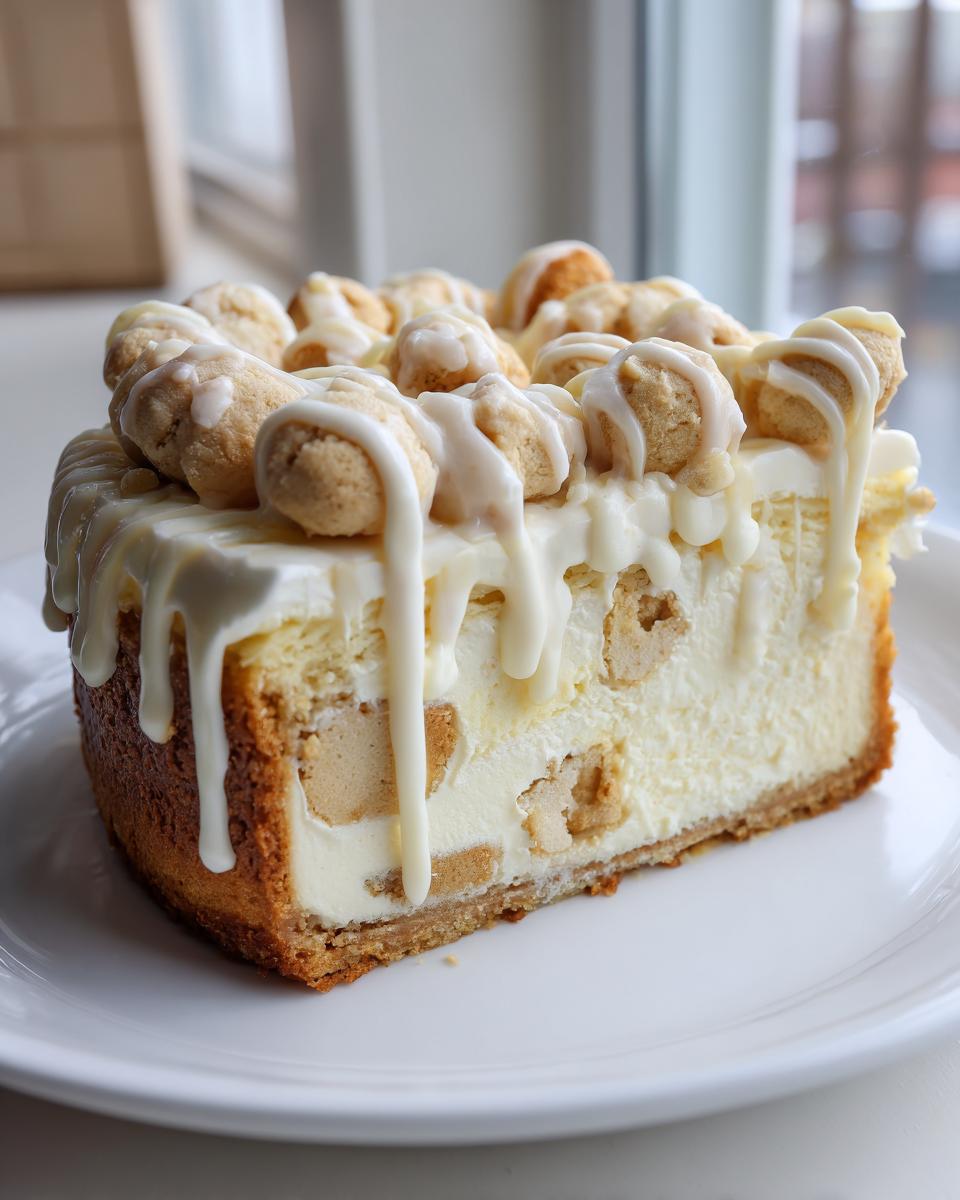 A decadent slice of sugar cookie cheesecake featuring chunks of cookie mixed in, topped with mini cookies and a thick white glaze.