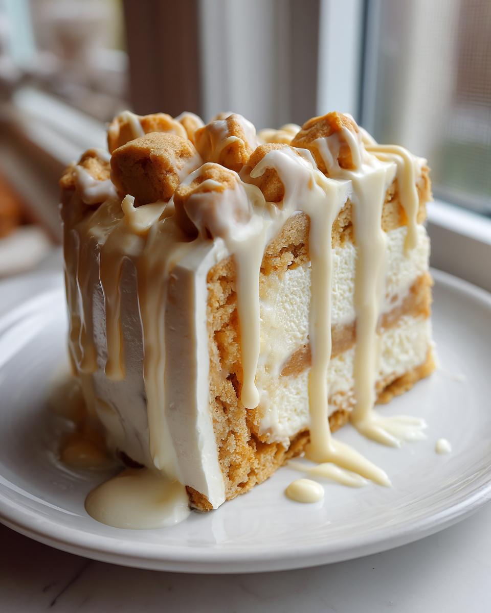 A tall slice of sugar cookie cheesecake topped with cookie chunks and a thick white glaze dripping down the sides.