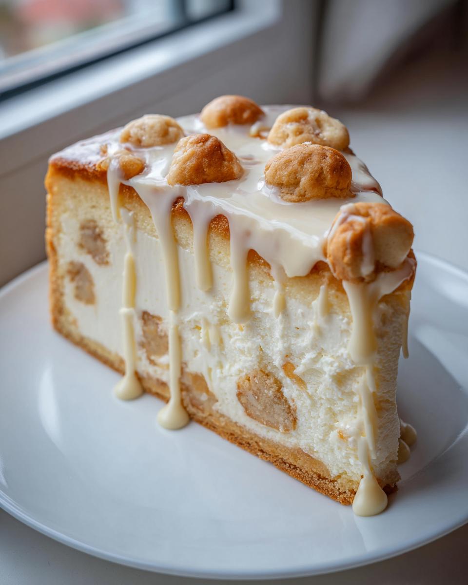 A decadent slice of sugar cookie cheesecake topped with white chocolate glaze and mini cookies.