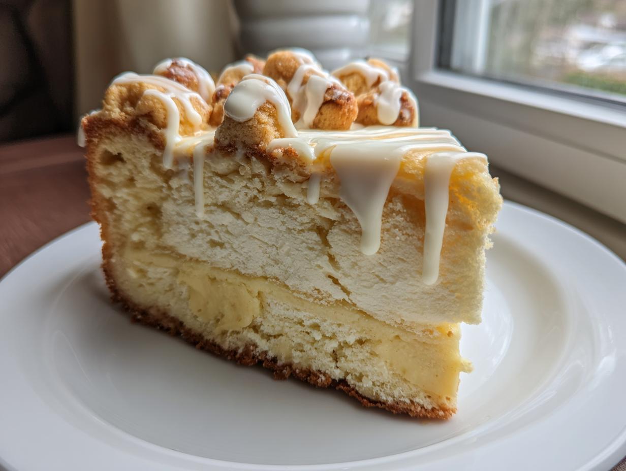 A thick slice of sugar cookie cheesecake with a creamy layer and crumb topping drizzled with white icing.