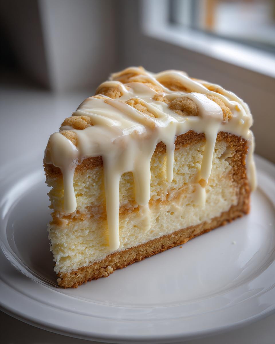 A decadent slice of sugar cookie cheesecake topped with white icing drizzle and cookie crumbles.