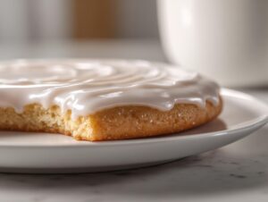 A close-up of a soft sugar cookie topped with thick, glossy white sugar cookie icing recipe glaze.